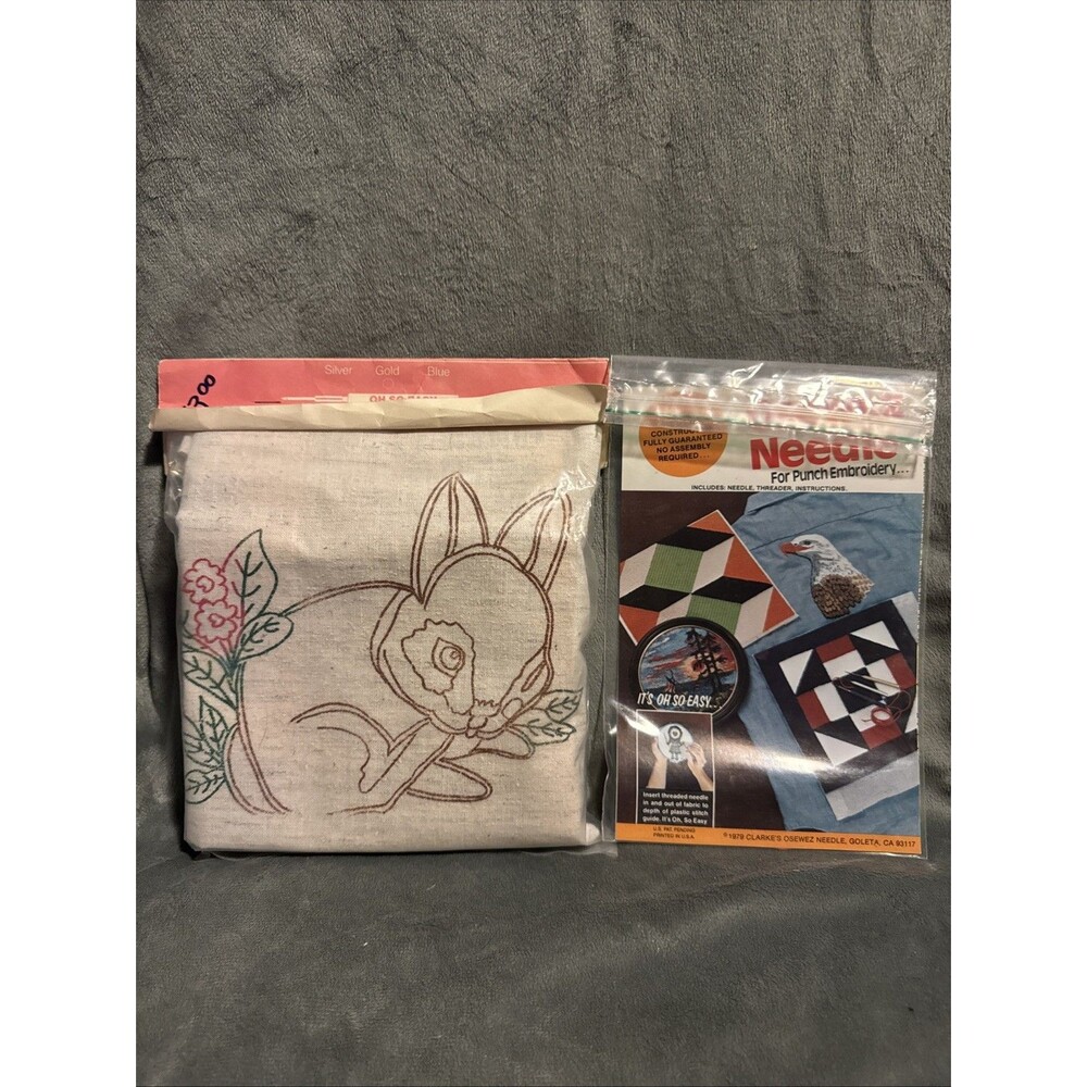 Vintage 80s Silver Oh So Easy Clarke's Osewez Punch Embroidery Kit Bunny Rabbit
